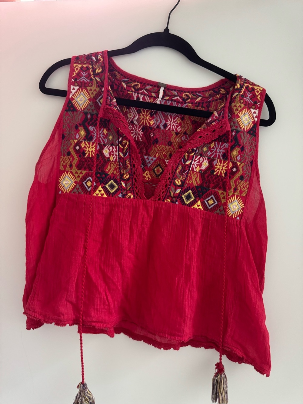 Free People Embroidered Red Sleeveless Top